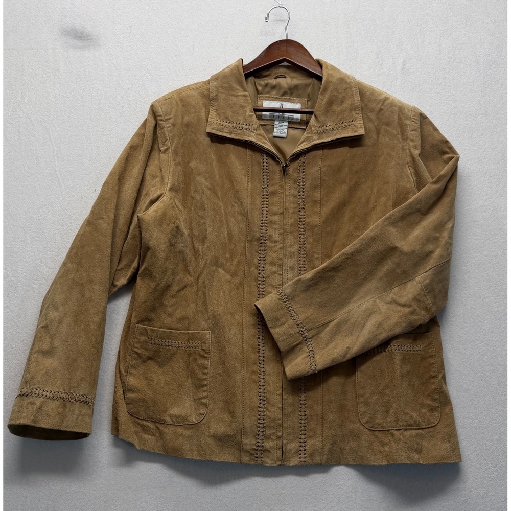 JL Studio Suede Leather Jacket Whipstitch Y2K Tan Zip Front Coat Plus Size 2X